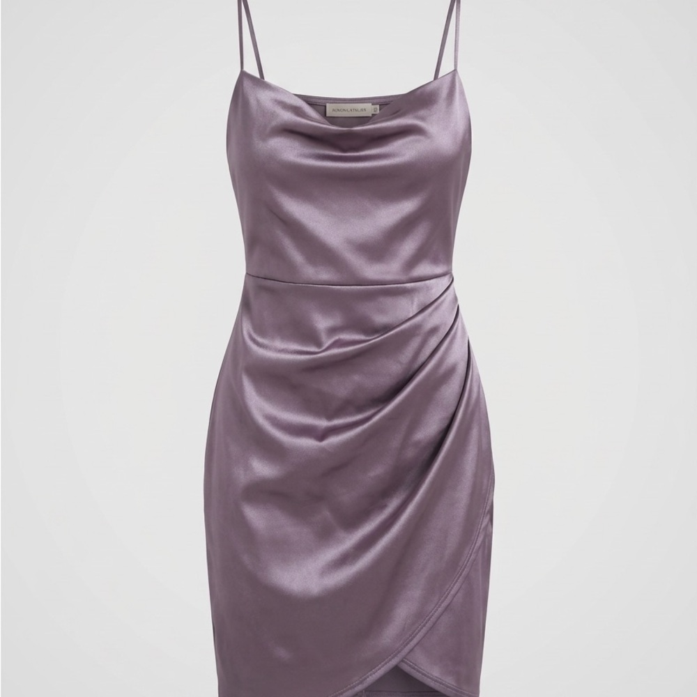 Satin Cowl Neck Slip Mini Dress with Ruched Drape Asymmetrical Hem
 Lavender